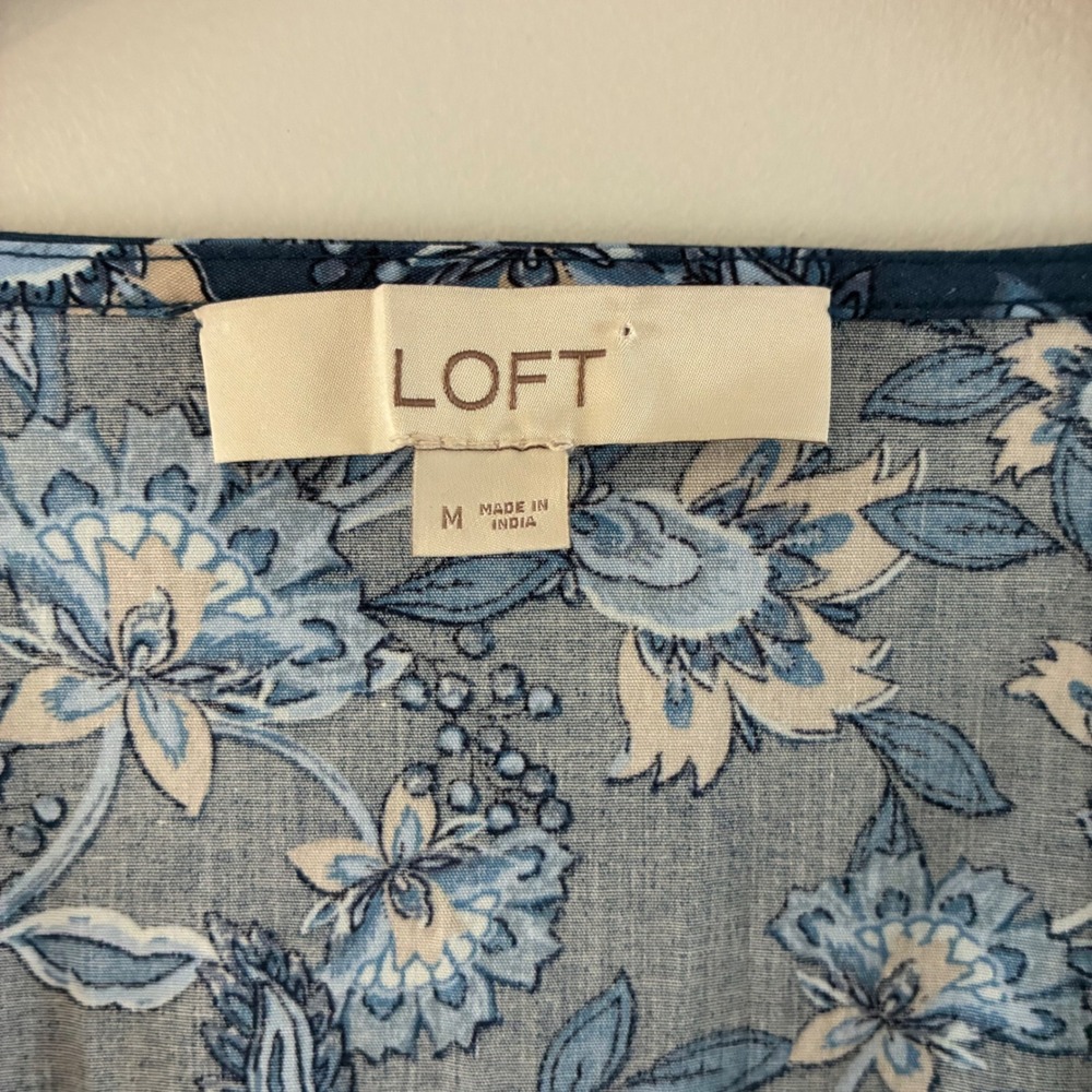 LOFT Dress Wom M Blue Floral Tiered Maxi VNeck Long Sleeve Smocked Waist Cottage - Picture 2 of 11